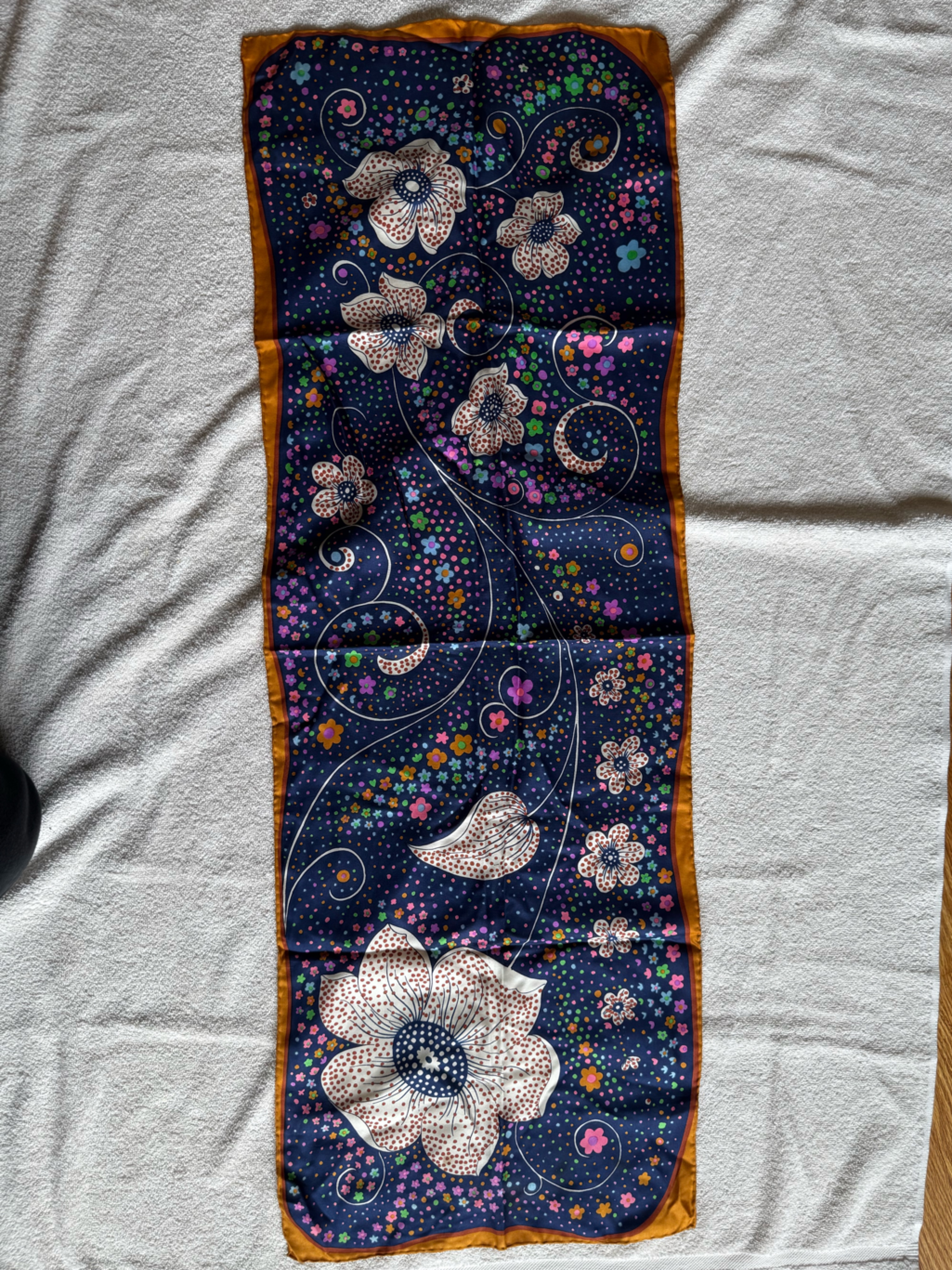 Floral Navy Blue Decorative 100 Silk Scarf With Gold Trim